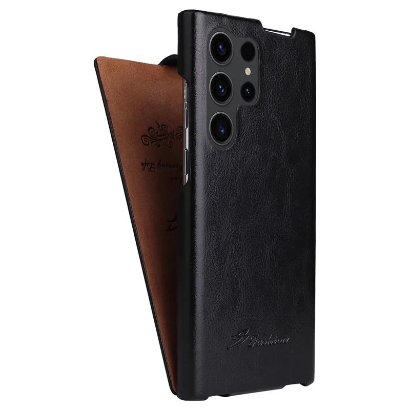 Vertical Flip Cover for Samsung Galaxy S23 Ultra , PC+PU Leather Crazy Horse Texture Phone Shell Case - Black