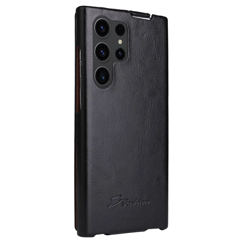Vertical Flip Cover for Samsung Galaxy S23 Ultra , PC+PU Leather Crazy Horse Texture Phone Shell Case - Black