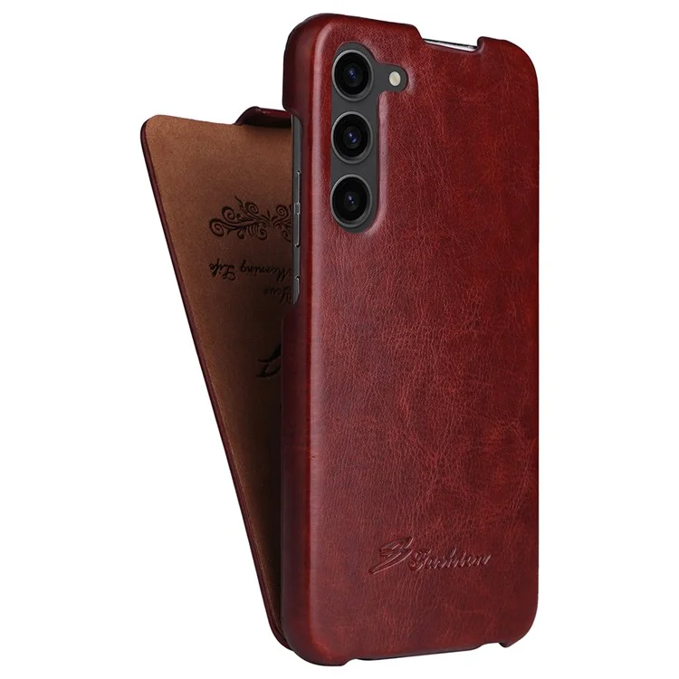 Für Samsung Galaxy S23 Vertikale Flip-Hülle aus PU-Leder mit Crazy-Horse-Textur - Braun