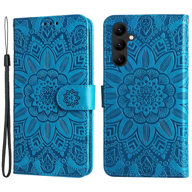 Leather Phone Case for Samsung Galaxy A24 4G (162.1 x 77.6 x 8.3mm) , Stand Wallet Sunflower Imprinted Cover with Hand Strap - Blue