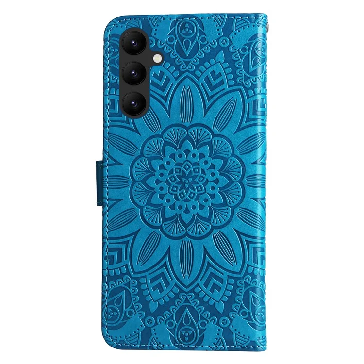 Leather Phone Case for Samsung Galaxy A24 4G (162.1 x 77.6 x 8.3mm) , Stand Wallet Sunflower Imprinted Cover with Hand Strap - Blue
