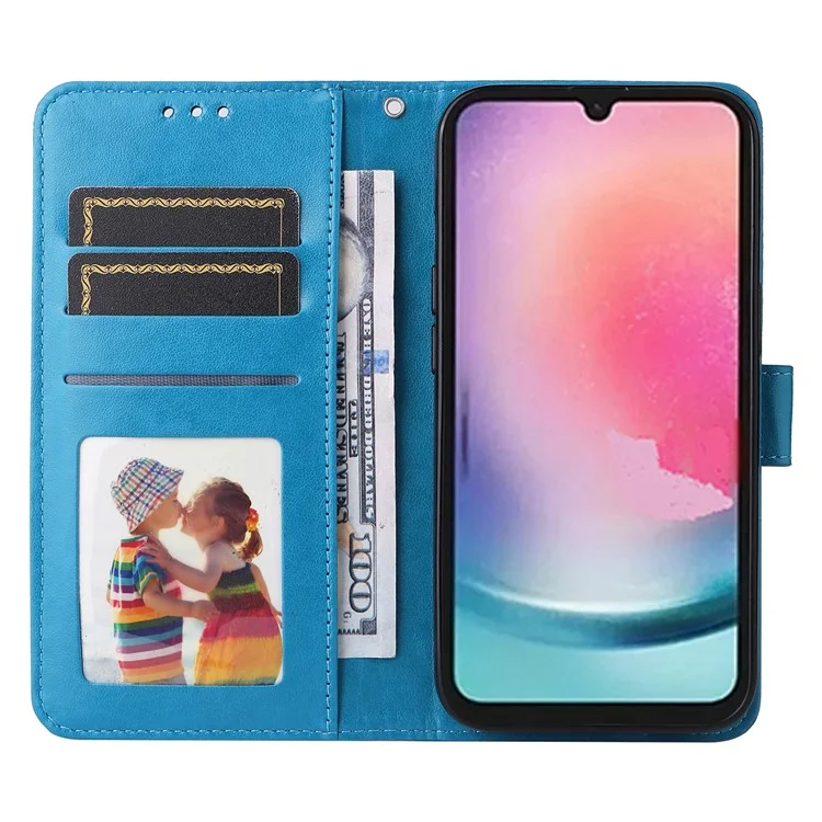 Leather Phone Case for Samsung Galaxy A24 4G (162.1 x 77.6 x 8.3mm) , Stand Wallet Sunflower Imprinted Cover with Hand Strap - Blue