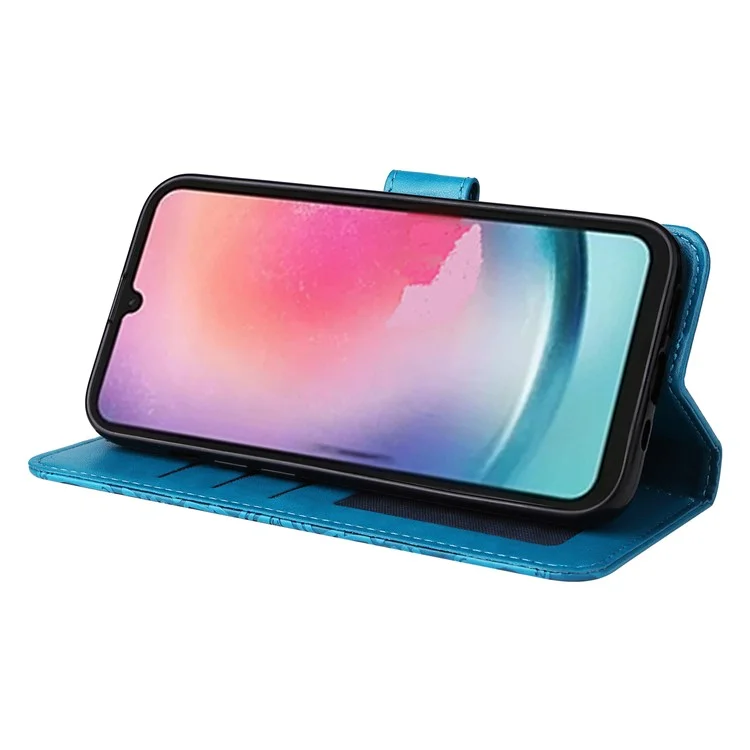 Leather Phone Case for Samsung Galaxy A24 4G (162.1 x 77.6 x 8.3mm) , Stand Wallet Sunflower Imprinted Cover with Hand Strap - Blue