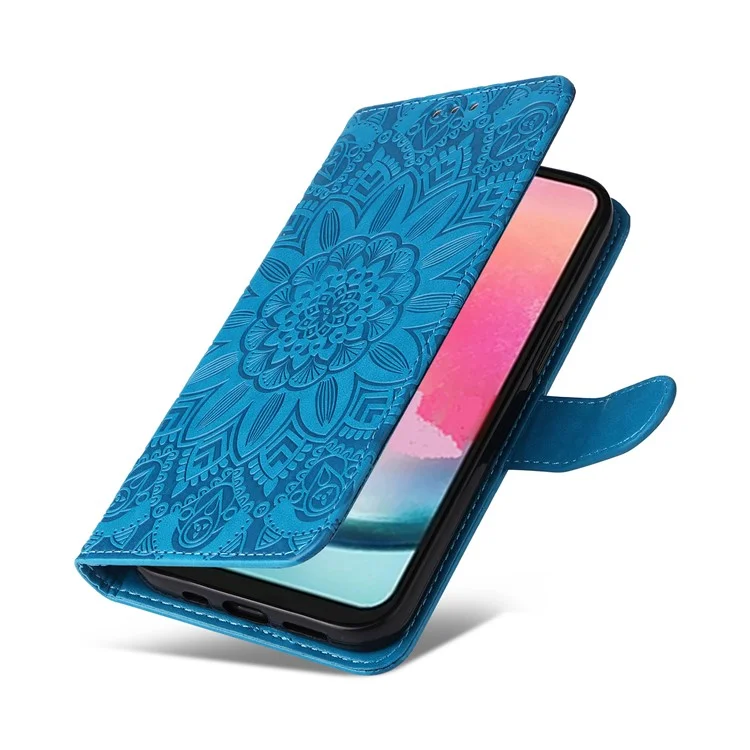 Leather Phone Case for Samsung Galaxy A24 4G (162.1 x 77.6 x 8.3mm) , Stand Wallet Sunflower Imprinted Cover with Hand Strap - Blue