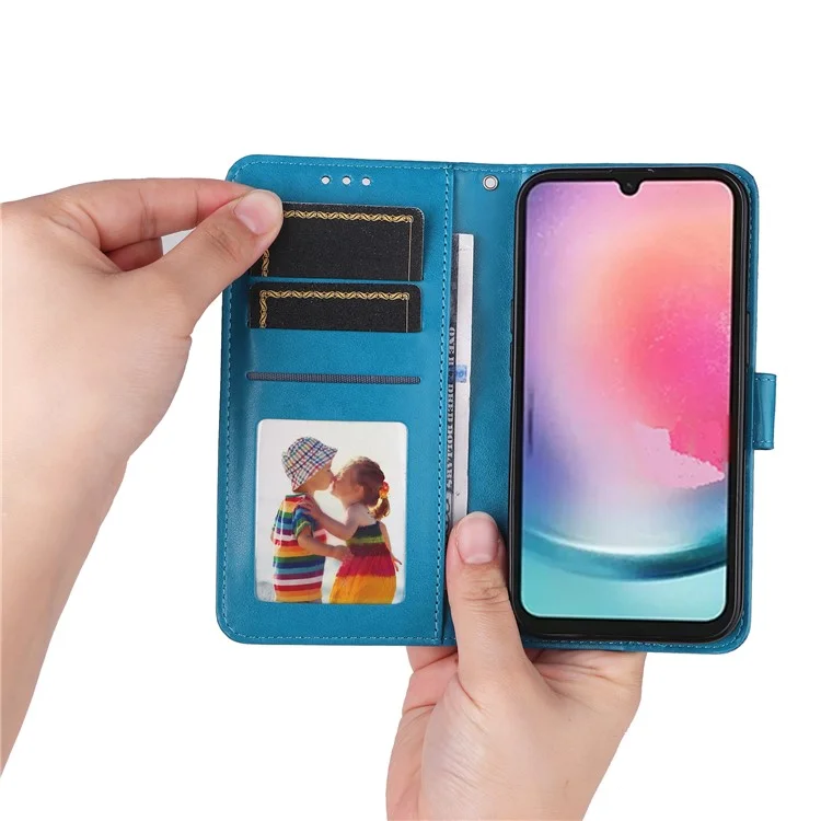 Leather Phone Case for Samsung Galaxy A24 4G (162.1 x 77.6 x 8.3mm) , Stand Wallet Sunflower Imprinted Cover with Hand Strap - Blue