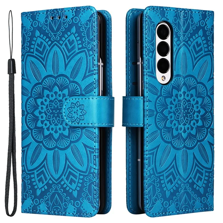 Für Samsung Galaxy Z Fold3 5G Wallet Phone Case Stand Sonnenblume Geprägte Leder Faltbare Handyhülle mit Gurt - Blau