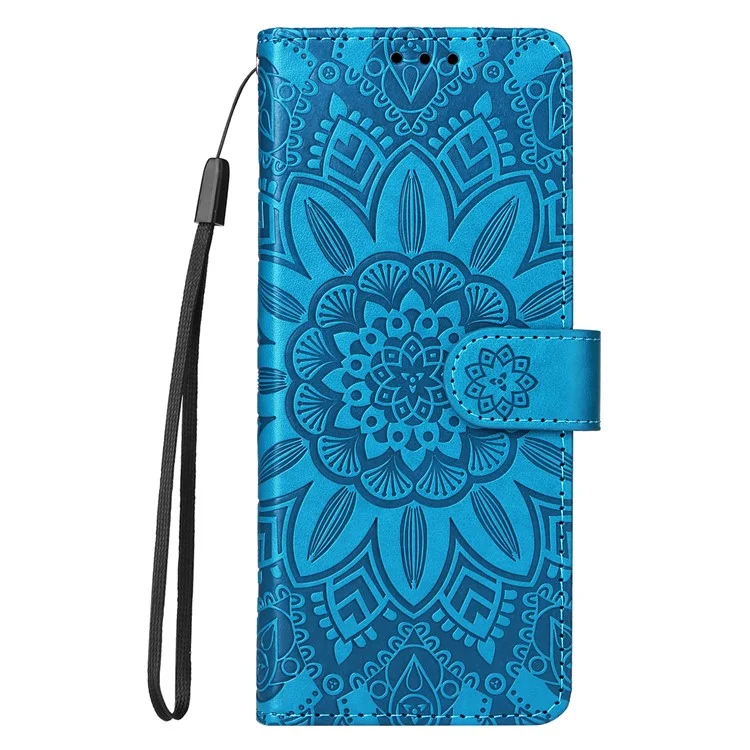 Für Samsung Galaxy Z Fold3 5G Wallet Phone Case Stand Sonnenblume Geprägte Leder Faltbare Handyhülle mit Gurt - Blau