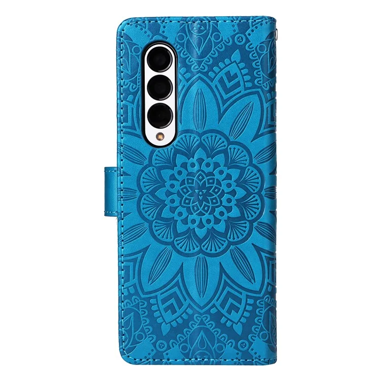 Für Samsung Galaxy Z Fold3 5G Wallet Phone Case Stand Sonnenblume Geprägte Leder Faltbare Handyhülle mit Gurt - Blau