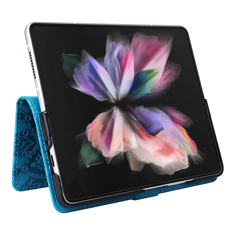 Für Samsung Galaxy Z Fold3 5G Wallet Phone Case Stand Sonnenblume Geprägte Leder Faltbare Handyhülle mit Gurt - Blau
