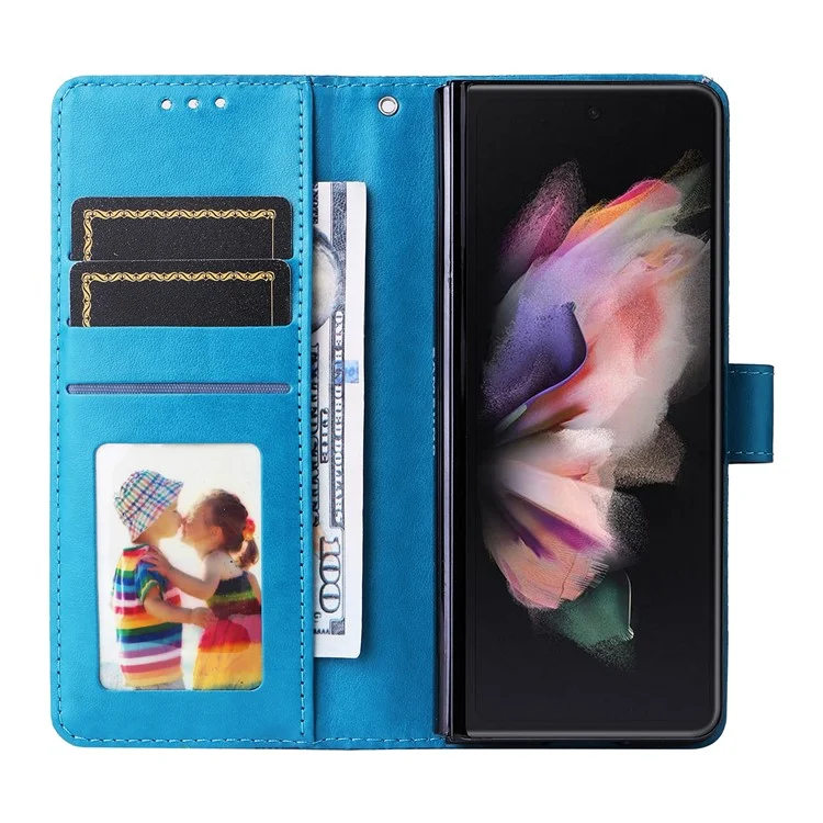 Für Samsung Galaxy Z Fold3 5G Wallet Phone Case Stand Sonnenblume Geprägte Leder Faltbare Handyhülle mit Gurt - Blau