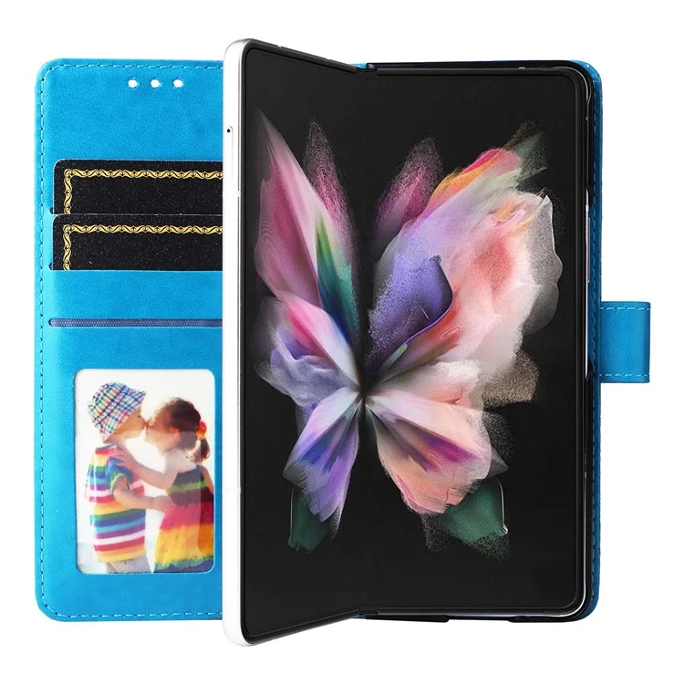 Für Samsung Galaxy Z Fold3 5G Wallet Phone Case Stand Sonnenblume Geprägte Leder Faltbare Handyhülle mit Gurt - Blau