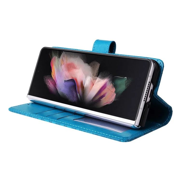 Für Samsung Galaxy Z Fold3 5G Wallet Phone Case Stand Sonnenblume Geprägte Leder Faltbare Handyhülle mit Gurt - Blau