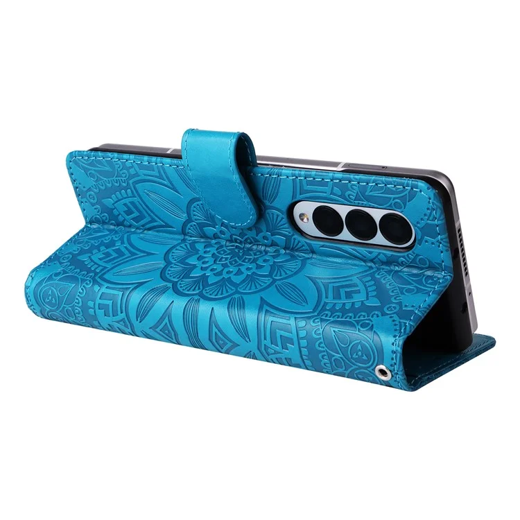 Für Samsung Galaxy Z Fold3 5G Wallet Phone Case Stand Sonnenblume Geprägte Leder Faltbare Handyhülle mit Gurt - Blau