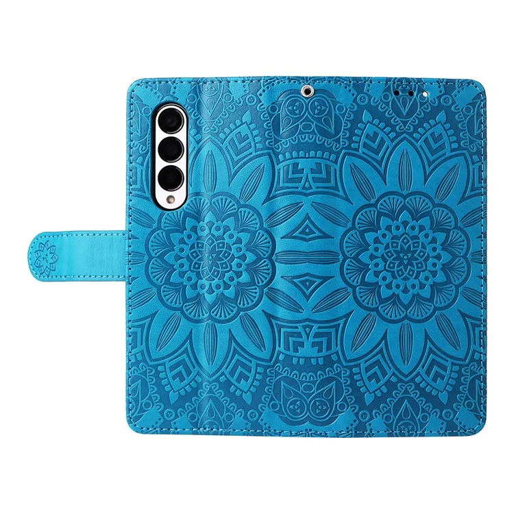 Für Samsung Galaxy Z Fold3 5G Wallet Phone Case Stand Sonnenblume Geprägte Leder Faltbare Handyhülle mit Gurt - Blau