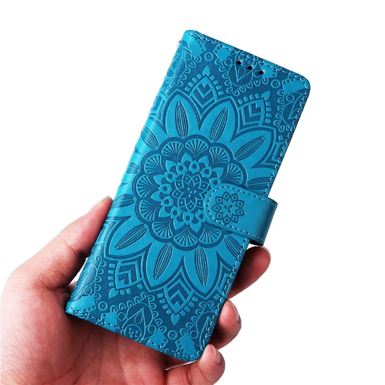 Für Samsung Galaxy Z Fold3 5G Wallet Phone Case Stand Sonnenblume Geprägte Leder Faltbare Handyhülle mit Gurt - Blau