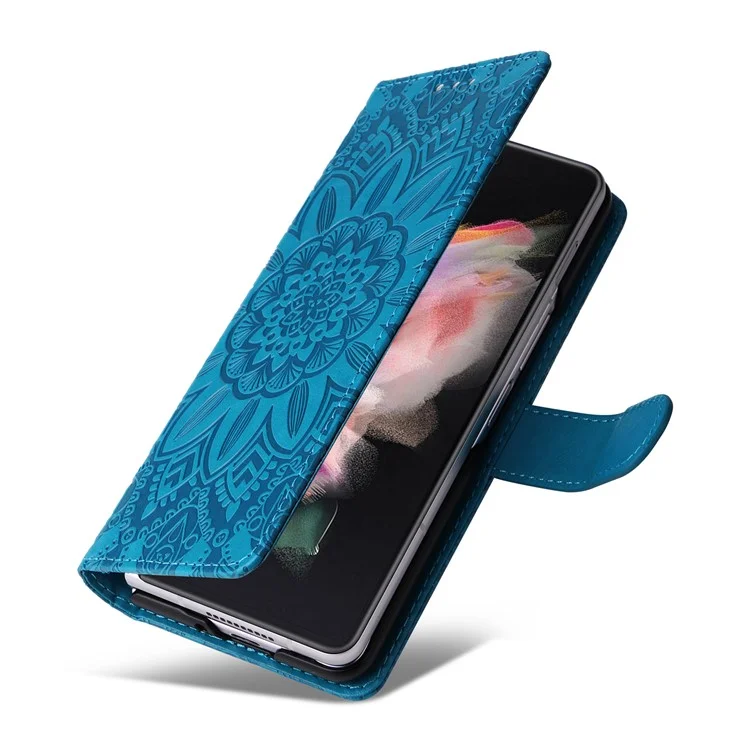 Für Samsung Galaxy Z Fold3 5G Wallet Phone Case Stand Sonnenblume Geprägte Leder Faltbare Handyhülle mit Gurt - Blau