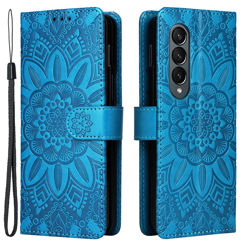 For Samsung Galaxy Z Fold4 5G Leather Stand Phone Case Sunflower Imprinted Wallet Folding Phone Cover with Strap - Blue