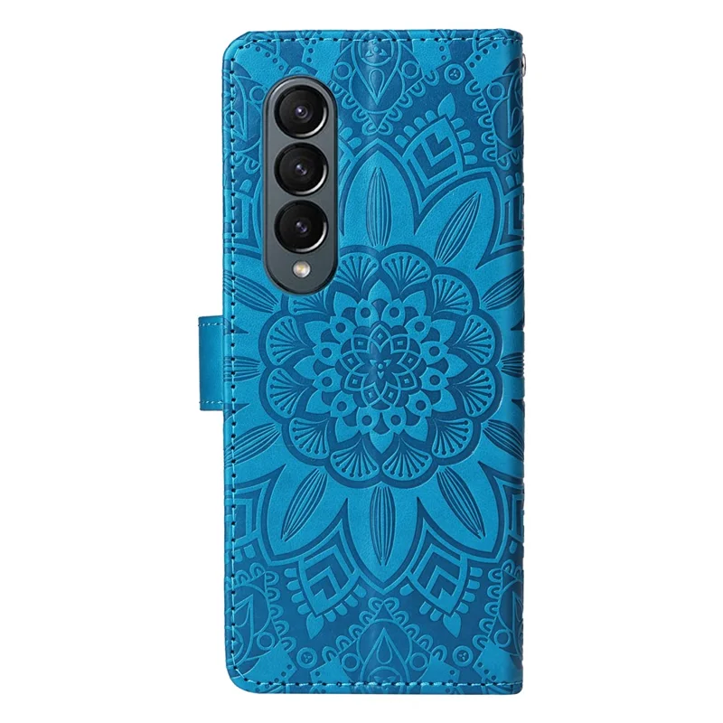 For Samsung Galaxy Z Fold4 5G Leather Stand Phone Case Sunflower Imprinted Wallet Folding Phone Cover with Strap - Blue