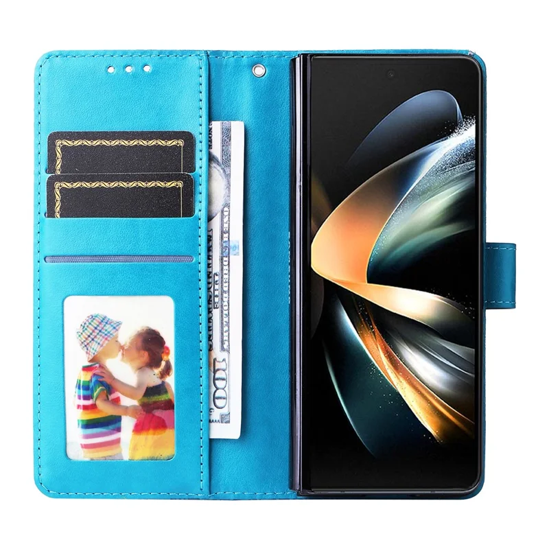 For Samsung Galaxy Z Fold4 5G Leather Stand Phone Case Sunflower Imprinted Wallet Folding Phone Cover with Strap - Blue