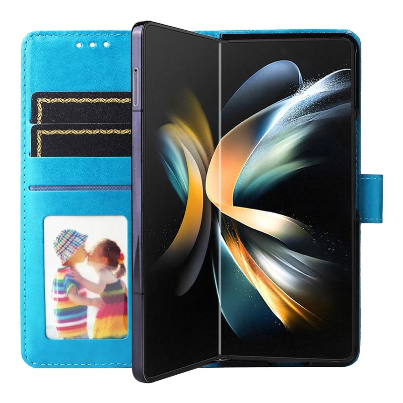 For Samsung Galaxy Z Fold4 5G Leather Stand Phone Case Sunflower Imprinted Wallet Folding Phone Cover with Strap - Blue