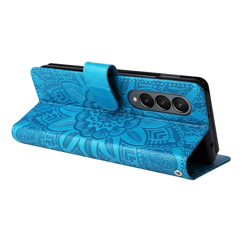 For Samsung Galaxy Z Fold4 5G Leather Stand Phone Case Sunflower Imprinted Wallet Folding Phone Cover with Strap - Blue