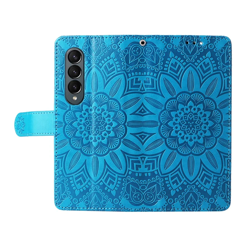 For Samsung Galaxy Z Fold4 5G Leather Stand Phone Case Sunflower Imprinted Wallet Folding Phone Cover with Strap - Blue