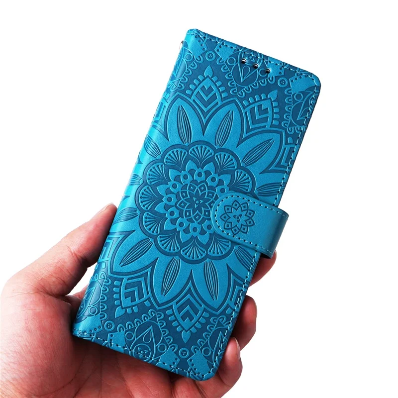 For Samsung Galaxy Z Fold4 5G Leather Stand Phone Case Sunflower Imprinted Wallet Folding Phone Cover with Strap - Blue