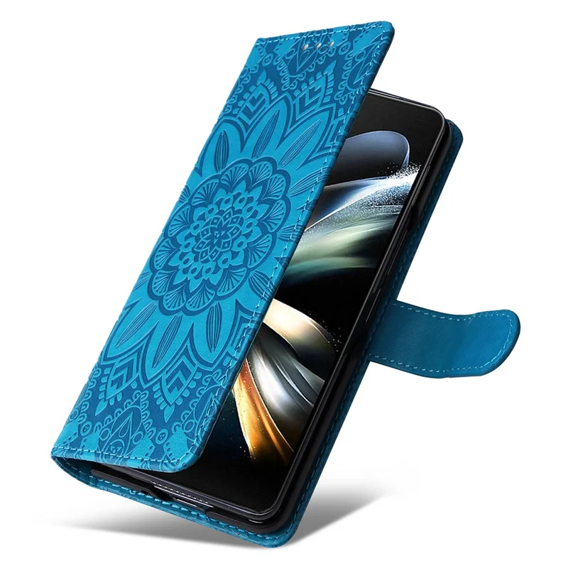 For Samsung Galaxy Z Fold4 5G Leather Stand Phone Case Sunflower Imprinted Wallet Folding Phone Cover with Strap - Blue
