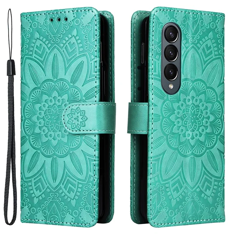 For Samsung Galaxy Z Fold4 5G Leather Stand Phone Case Sunflower Imprinted Wallet Folding Phone Cover with Strap - Green