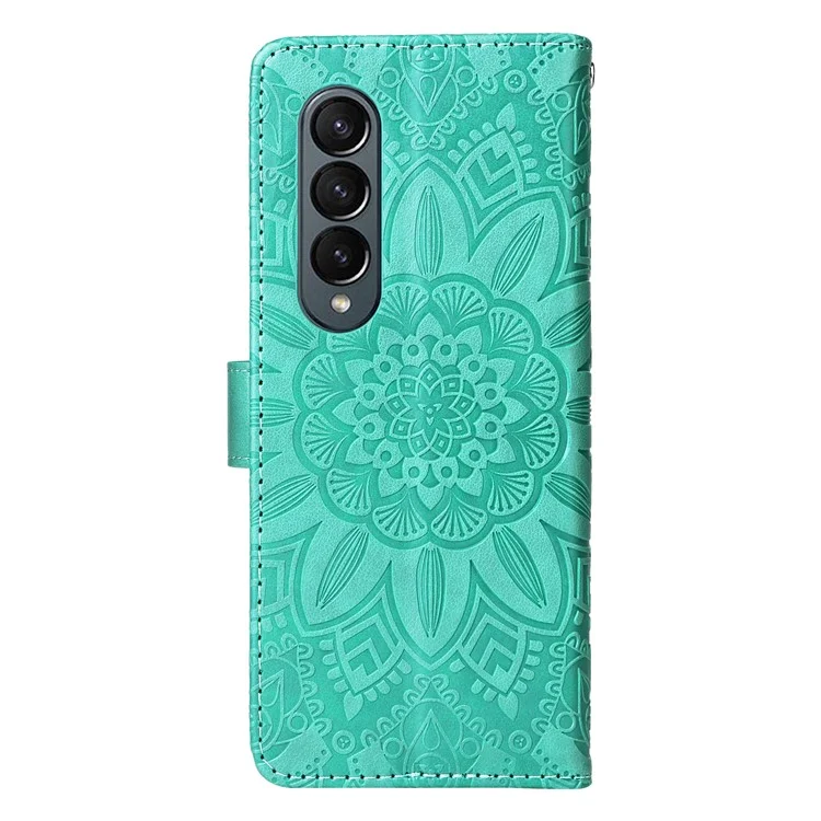 For Samsung Galaxy Z Fold4 5G Leather Stand Phone Case Sunflower Imprinted Wallet Folding Phone Cover with Strap - Green