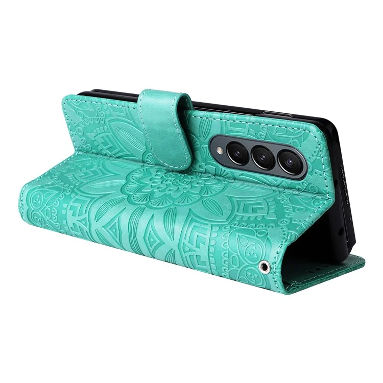 For Samsung Galaxy Z Fold4 5G Leather Stand Phone Case Sunflower Imprinted Wallet Folding Phone Cover with Strap - Green