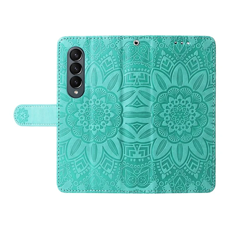 For Samsung Galaxy Z Fold4 5G Leather Stand Phone Case Sunflower Imprinted Wallet Folding Phone Cover with Strap - Green