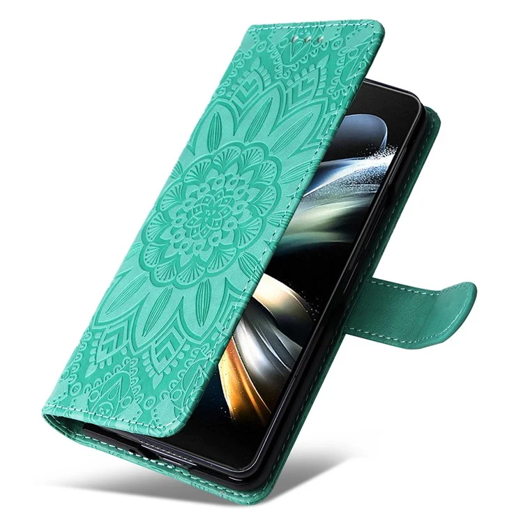 For Samsung Galaxy Z Fold4 5G Leather Stand Phone Case Sunflower Imprinted Wallet Folding Phone Cover with Strap - Green