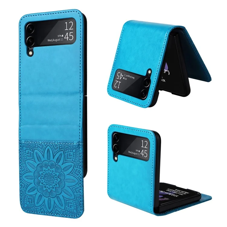 Para Samsung Galaxy Z Flip3 5G Leather Phone Case Card Slot Sunflower Imprinted Phone Cover - Blue