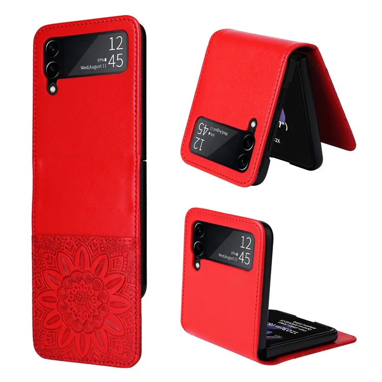 Para Samsung Galaxy Z Flip3 5G Leather Phone Case Card Slot Sunflower Imprinted Phone Cover - Vermelho