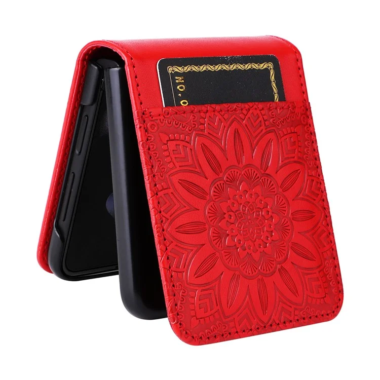 Para Samsung Galaxy Z Flip3 5G Leather Phone Case Card Slot Sunflower Imprinted Phone Cover - Vermelho