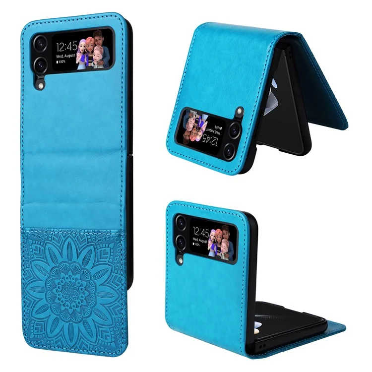 For Samsung Galaxy Z Flip4 5G Folding Phone Leather Case Sunflower Imprinted Phone Cover with Card Holder - Blue