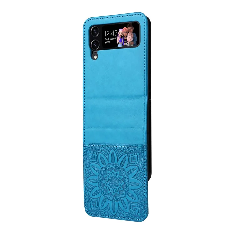 For Samsung Galaxy Z Flip4 5G Folding Phone Leather Case Sunflower Imprinted Phone Cover with Card Holder - Blue