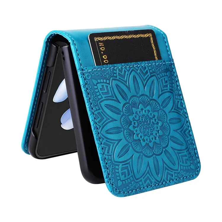 For Samsung Galaxy Z Flip4 5G Folding Phone Leather Case Sunflower Imprinted Phone Cover with Card Holder - Blue