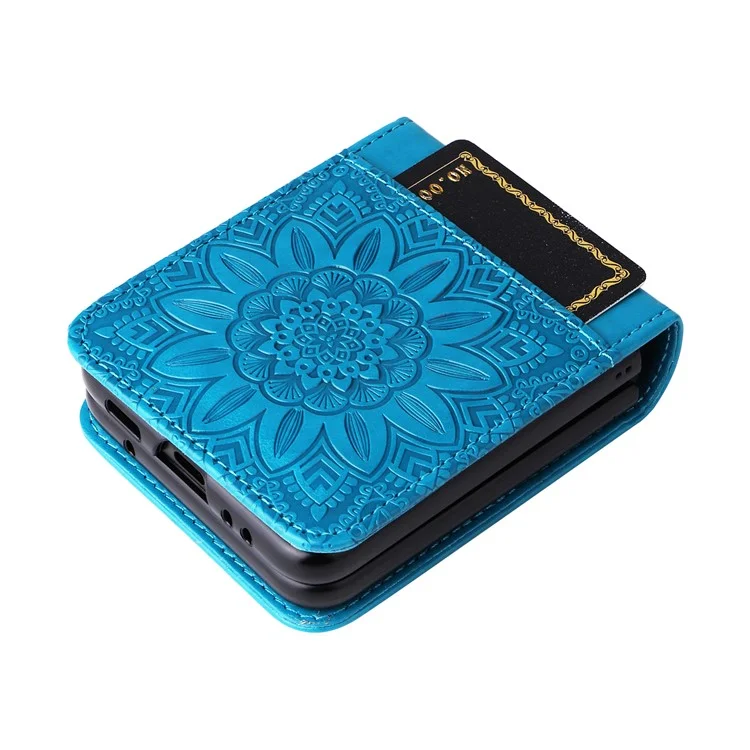 For Samsung Galaxy Z Flip4 5G Folding Phone Leather Case Sunflower Imprinted Phone Cover with Card Holder - Blue