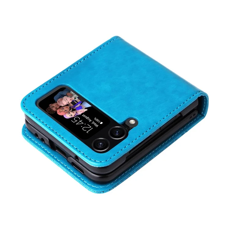 For Samsung Galaxy Z Flip4 5G Folding Phone Leather Case Sunflower Imprinted Phone Cover with Card Holder - Blue