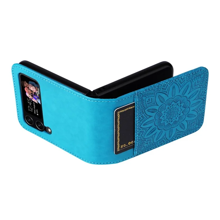 For Samsung Galaxy Z Flip4 5G Folding Phone Leather Case Sunflower Imprinted Phone Cover with Card Holder - Blue