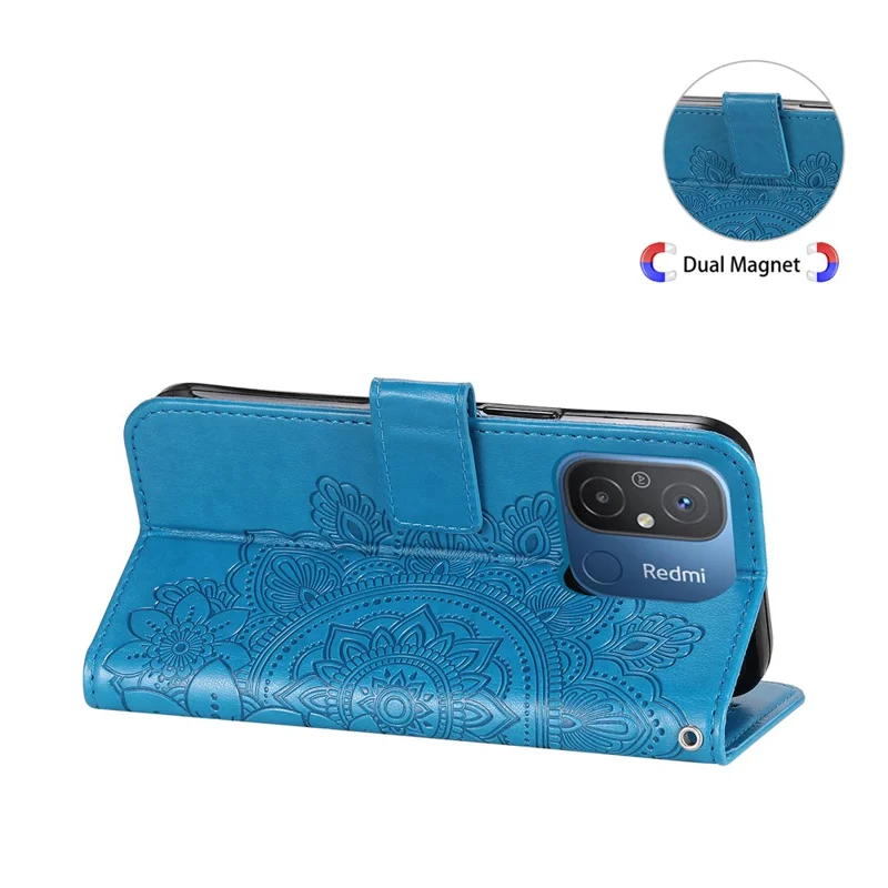 Capa Carteira em Pele PU com Padrão Floral para Xiaomi Redmi 12C 4G / 11A 4G, Capa com Suporte para Telemóvel - Azul