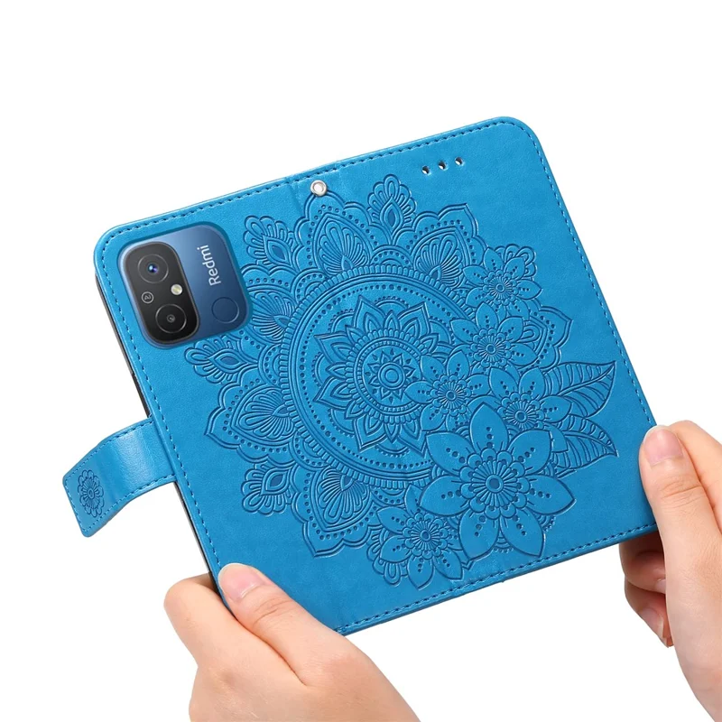 Capa Carteira em Pele PU com Padrão Floral para Xiaomi Redmi 12C 4G / 11A 4G, Capa com Suporte para Telemóvel - Azul