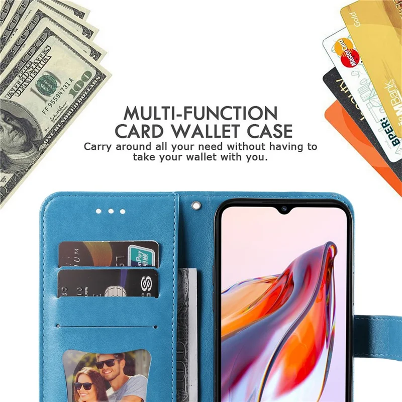 Capa Carteira em Pele PU com Padrão Floral para Xiaomi Redmi 12C 4G / 11A 4G, Capa com Suporte para Telemóvel - Azul