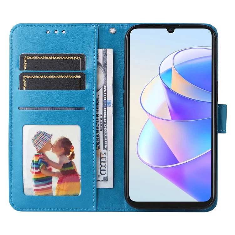 Чехол-подставка для телефона Honor X7a 5G, искусственная кожа с рисунком подсолнуха, бумажник с ремешком на запястье - синий
