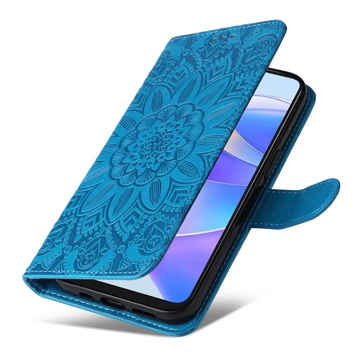 Чехол-подставка для телефона Honor X7a 5G, искусственная кожа с рисунком подсолнуха, бумажник с ремешком на запястье - синий