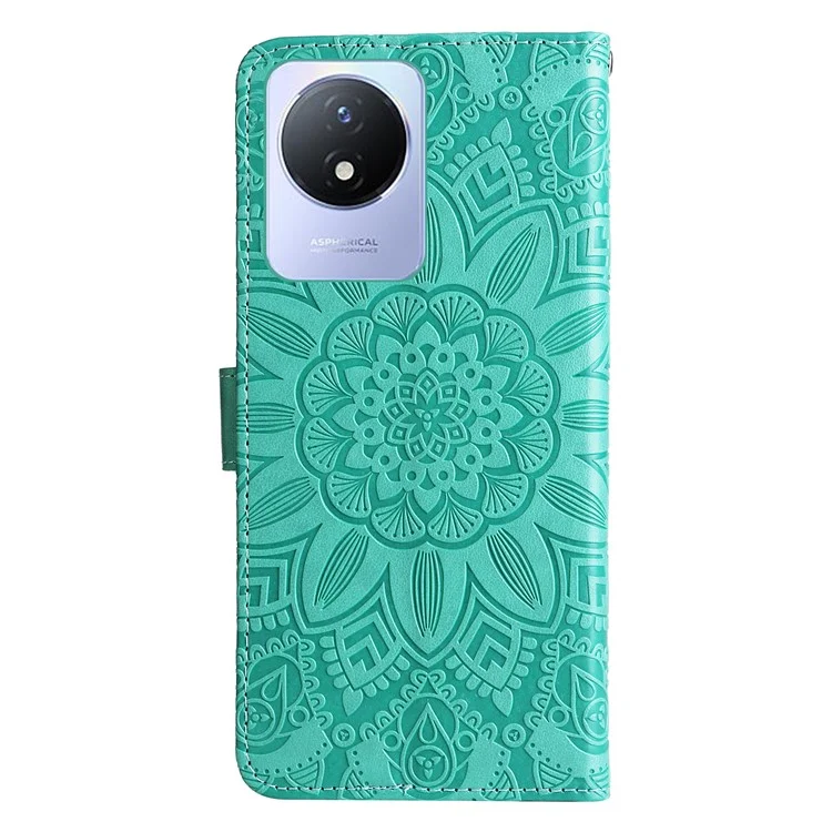 For vivo Y02 4G Phone Leather Cover Sunflower Imprinted Wallet Cell Phone Stand Case - Green