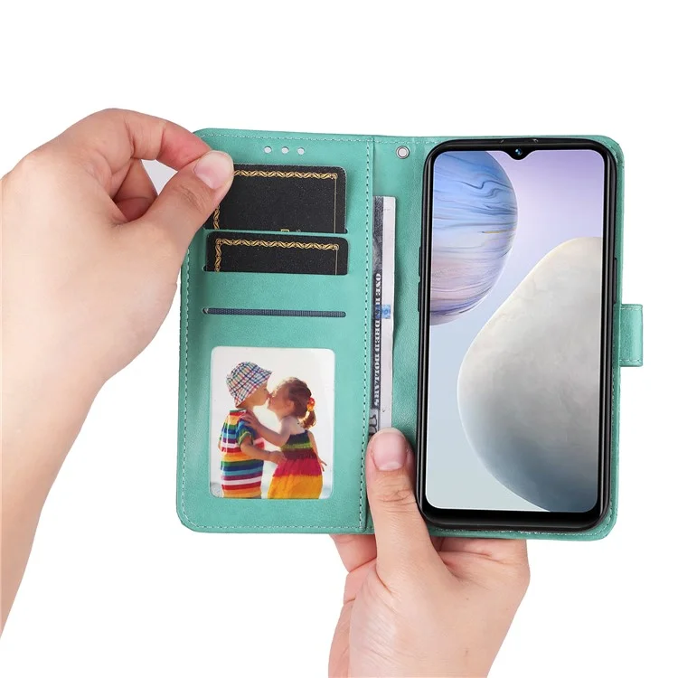 For vivo Y02 4G Phone Leather Cover Sunflower Imprinted Wallet Cell Phone Stand Case - Green