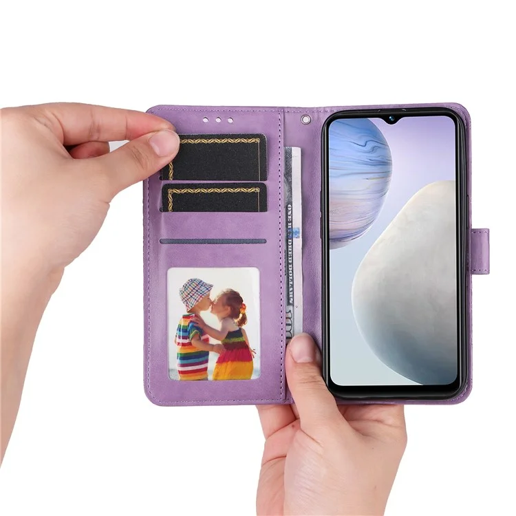 For vivo Y02 4G Phone Leather Cover Sunflower Imprinted Wallet Cell Phone Stand Case - Purple